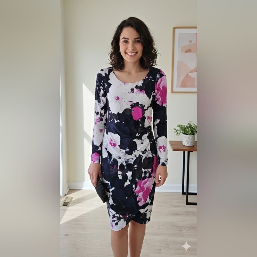 INC International Concepts Navy Blue and Pink Floral Long Sleeve Dress Size Med
